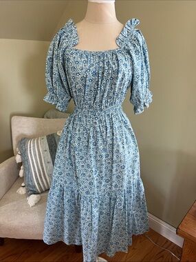 Sea New York Blue Floral Smocked Midi Off Shoulder Boho Dress XS